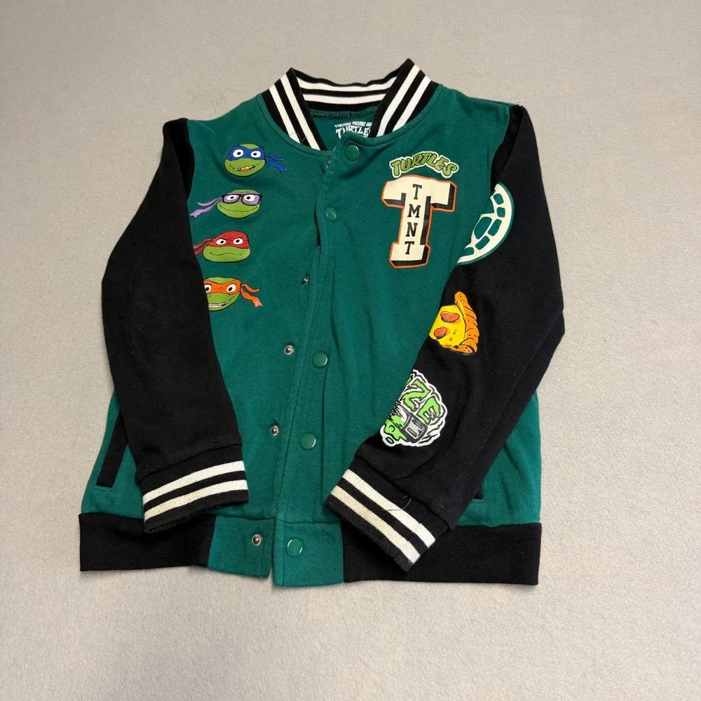 Nickelodeon TMNT Mutant Mayhem Kids Green Varsity Jacket Snap Front Small